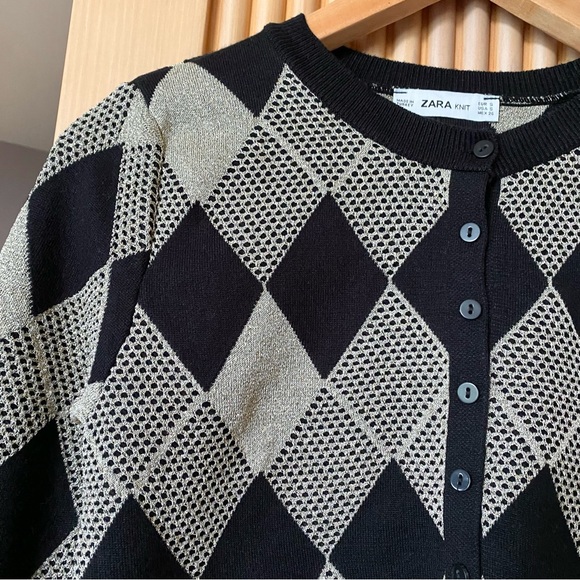 NEW Zara black gold metallic diamond argyle cardigan - Picture 5 of 8